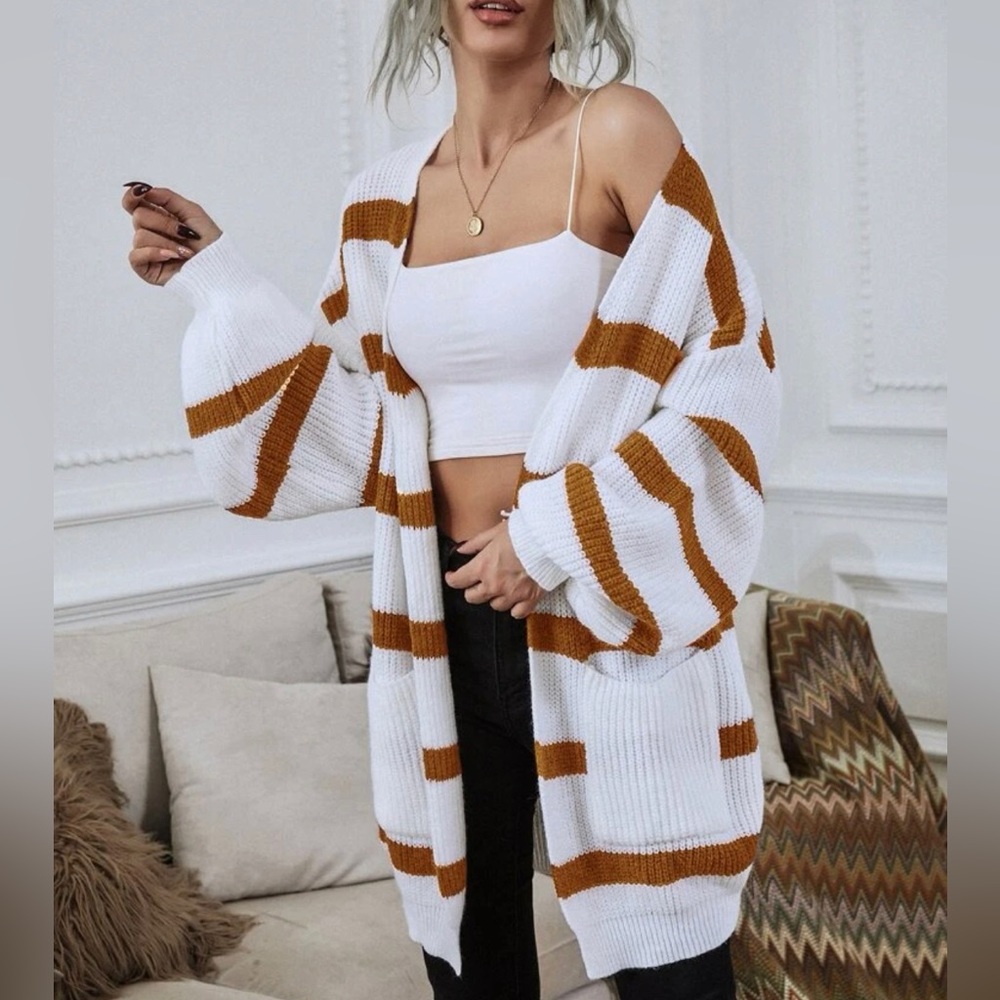 Lantern Sleeve Patch Pocket Striped Cardigan